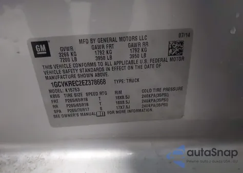 2014 Chevrolet Silverado 1500 1Lt z USA, uszkodzony, nr VIN 1GCVKREC2EZ378668